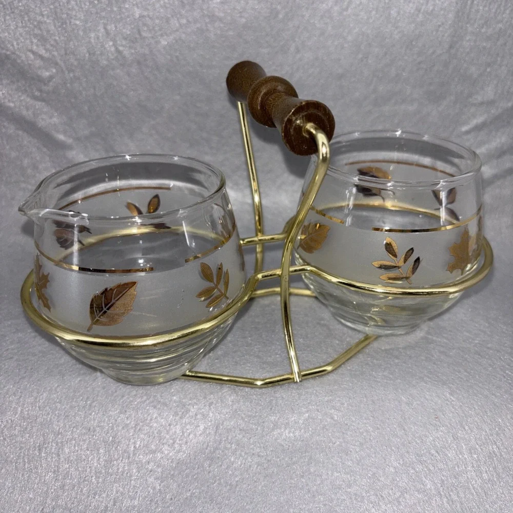 Vintage Libbey Golden Foliage Frosted Glass Creamer/Sugar Gold Tone w Caddy EUC